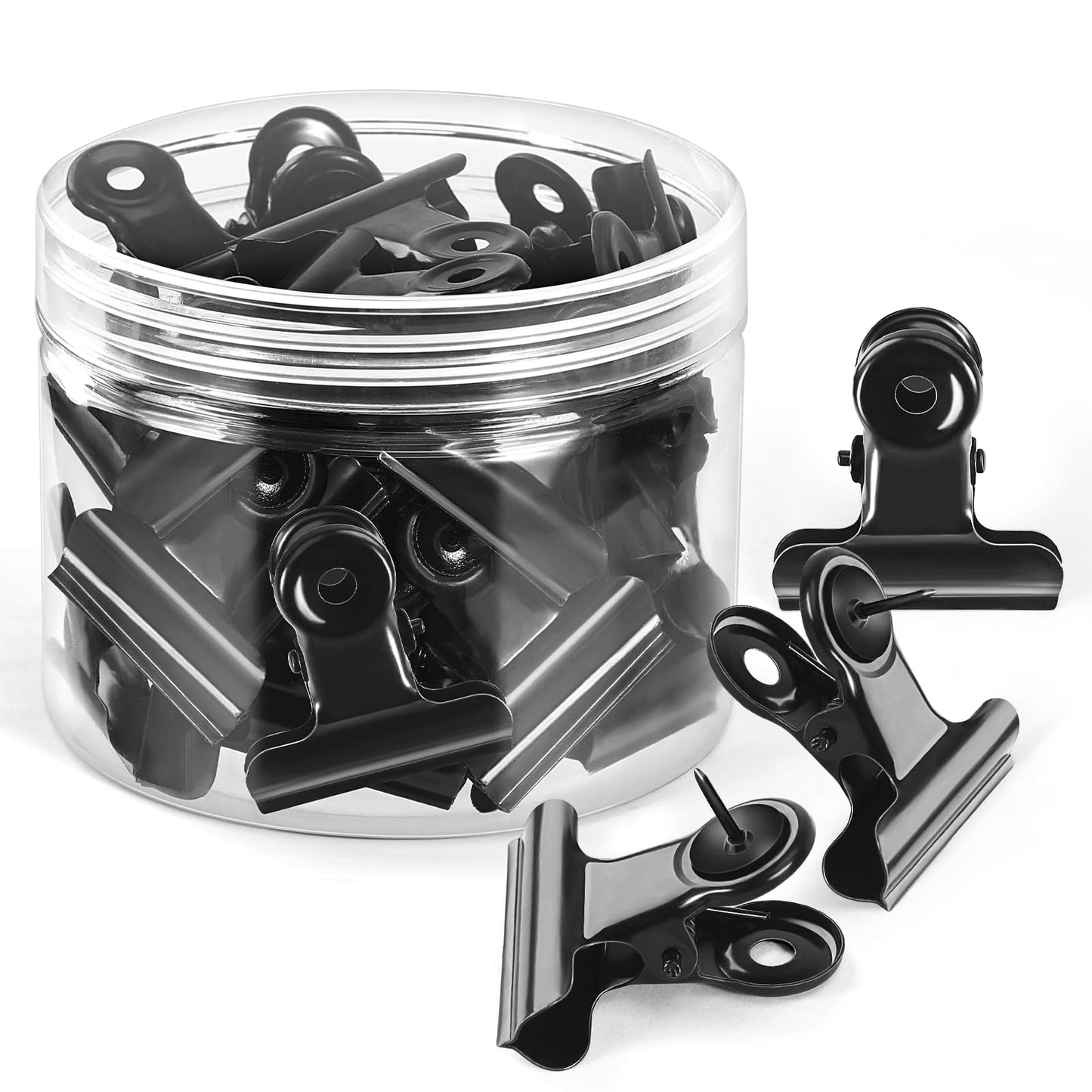 GOOLADA 36 Pieces Black Push Pins Clips Metal Push Pin with Clips Black Pushpin Clip Bulldog Clip with Pins Thumb Tacks for Bulletin Board Cork Board Cubicle Wall for Classroom School Office