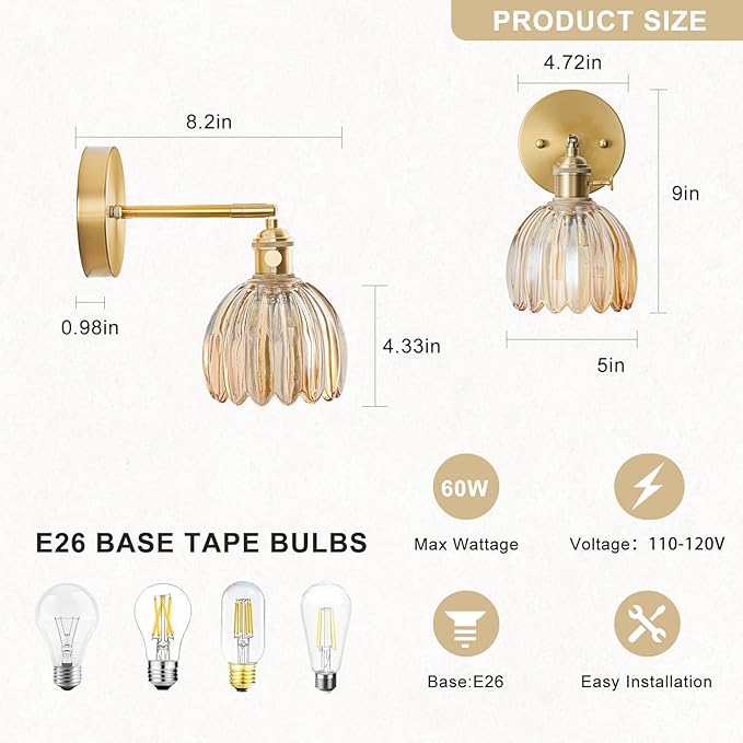 Wall Sconces Set of Two Hardwired, Vintage Sconce Light with Tulip Amber Glass Lampshade, Bathroom Wall Lights with Switch, Gold Wall Light Sconces Wall Decor Set of 2