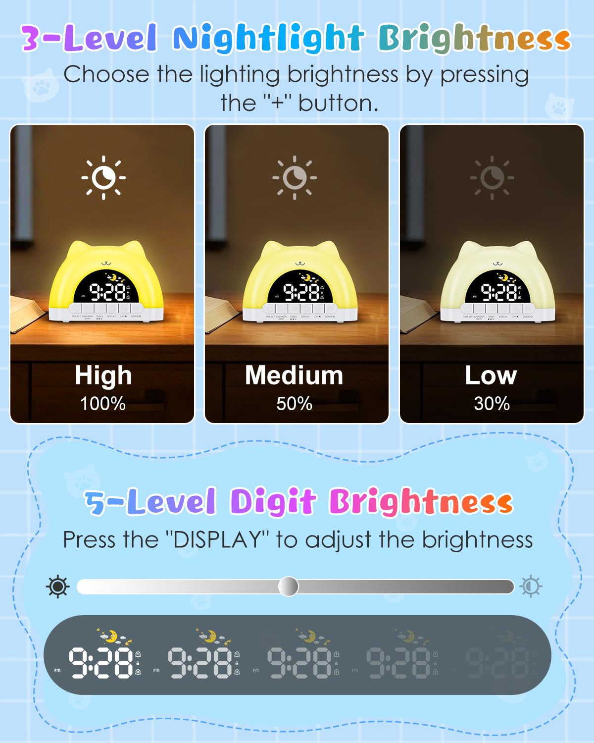 Homiyteck Kids Alarm Clock, OK to Wake Alarm Clock for Kids, Cat Clock with 11 Colors Night Light, 10 Soothing Sounds, Child Lock, Dual Alarms, Sleep Training, Birthday Gift for Boy Girls Children