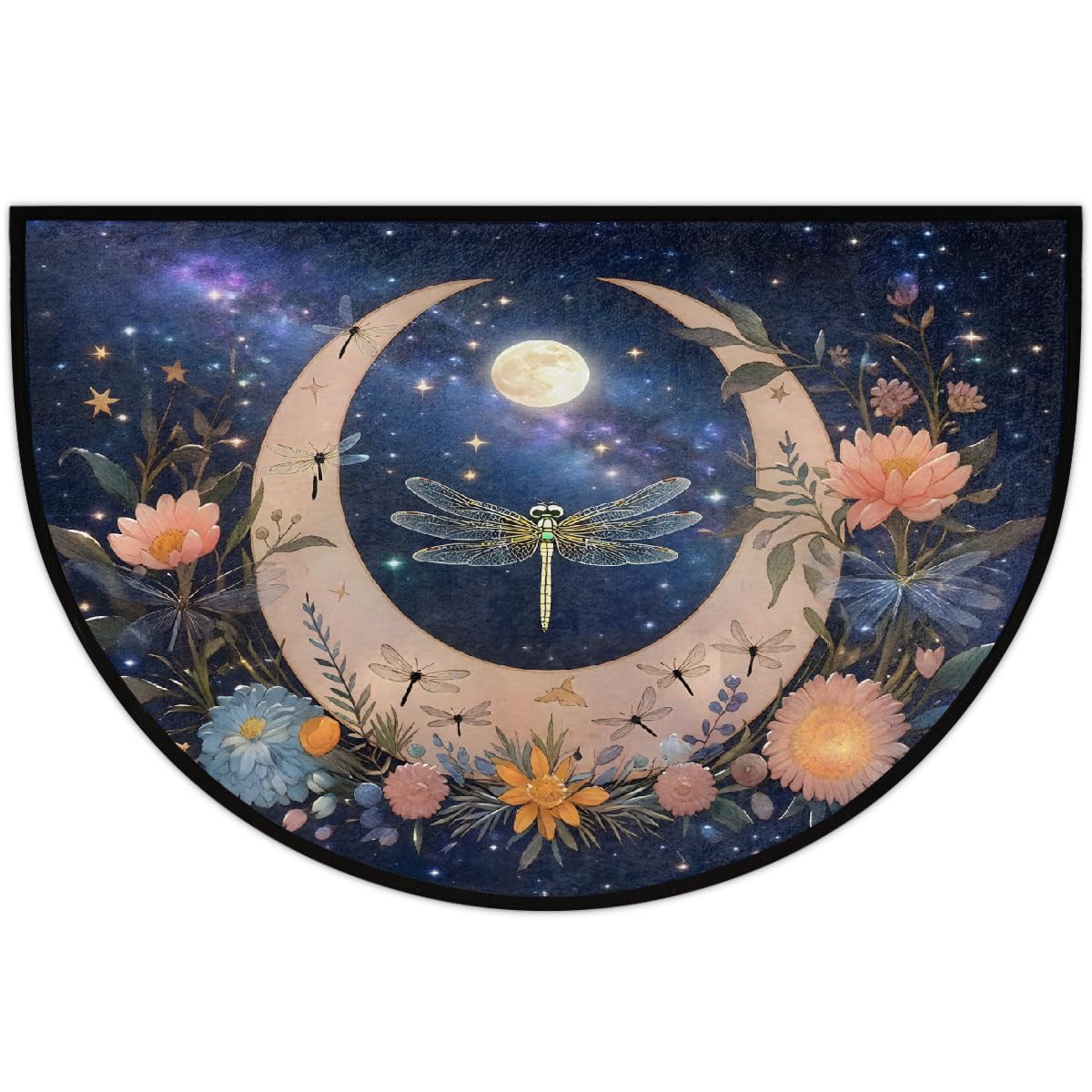Half Circle Door Mat - Washable Non-Slip Moon Dragonfly Half Round Entryway Area Rug - Absorbent Cute Carpet Semicircular Rug for Indoor Kitchen Laundry Room Bedroom Bathroom, 36"x24"