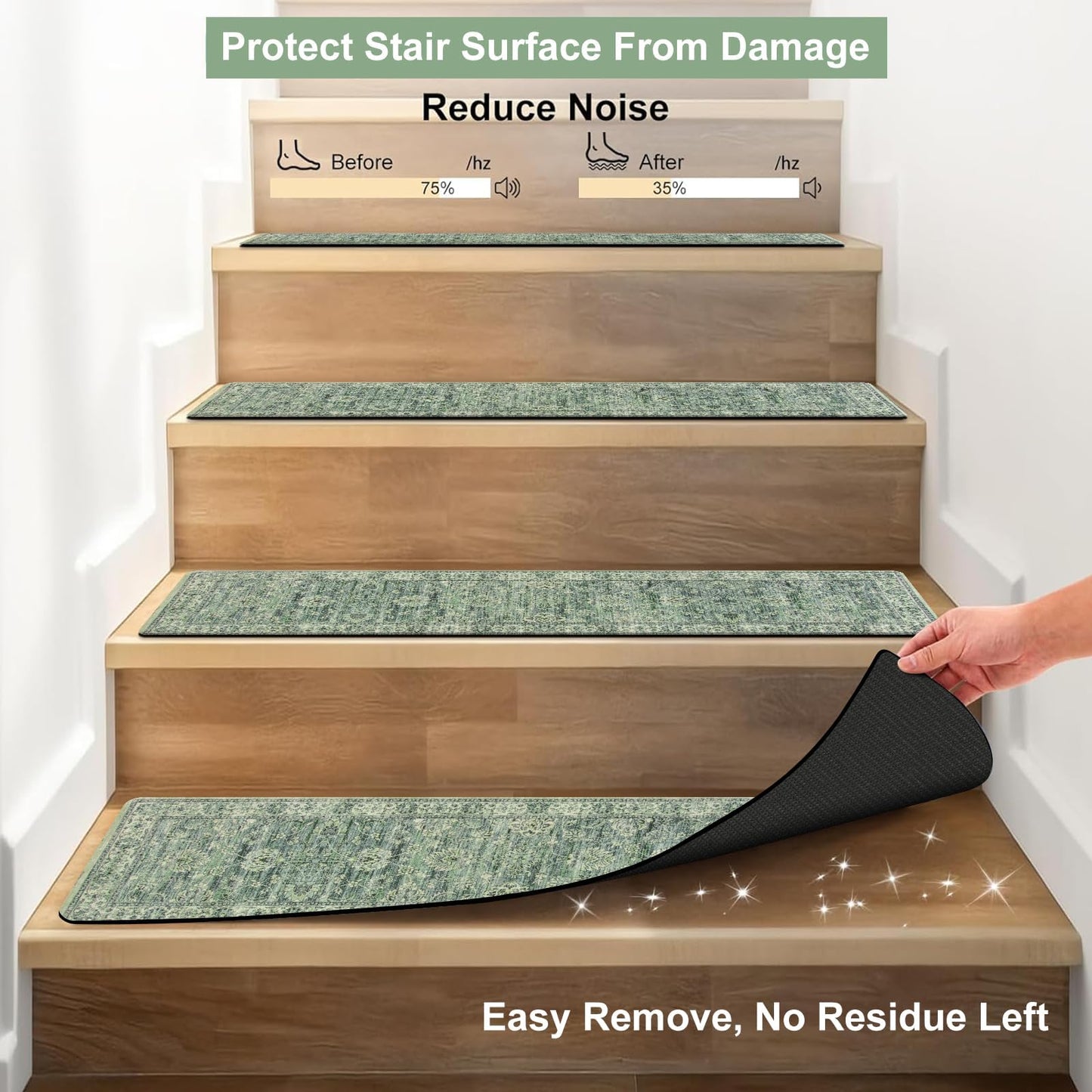 OJIA Extra Non-Slip Stair Treads for Wooden Steps, 30"X8" Indoor Stair Runners Slip Resistant Stair Rugs Safety Mats for Dogs, Kids & Elders, Rubber Backed Stair Treads Stair Covers, 15PC, Green