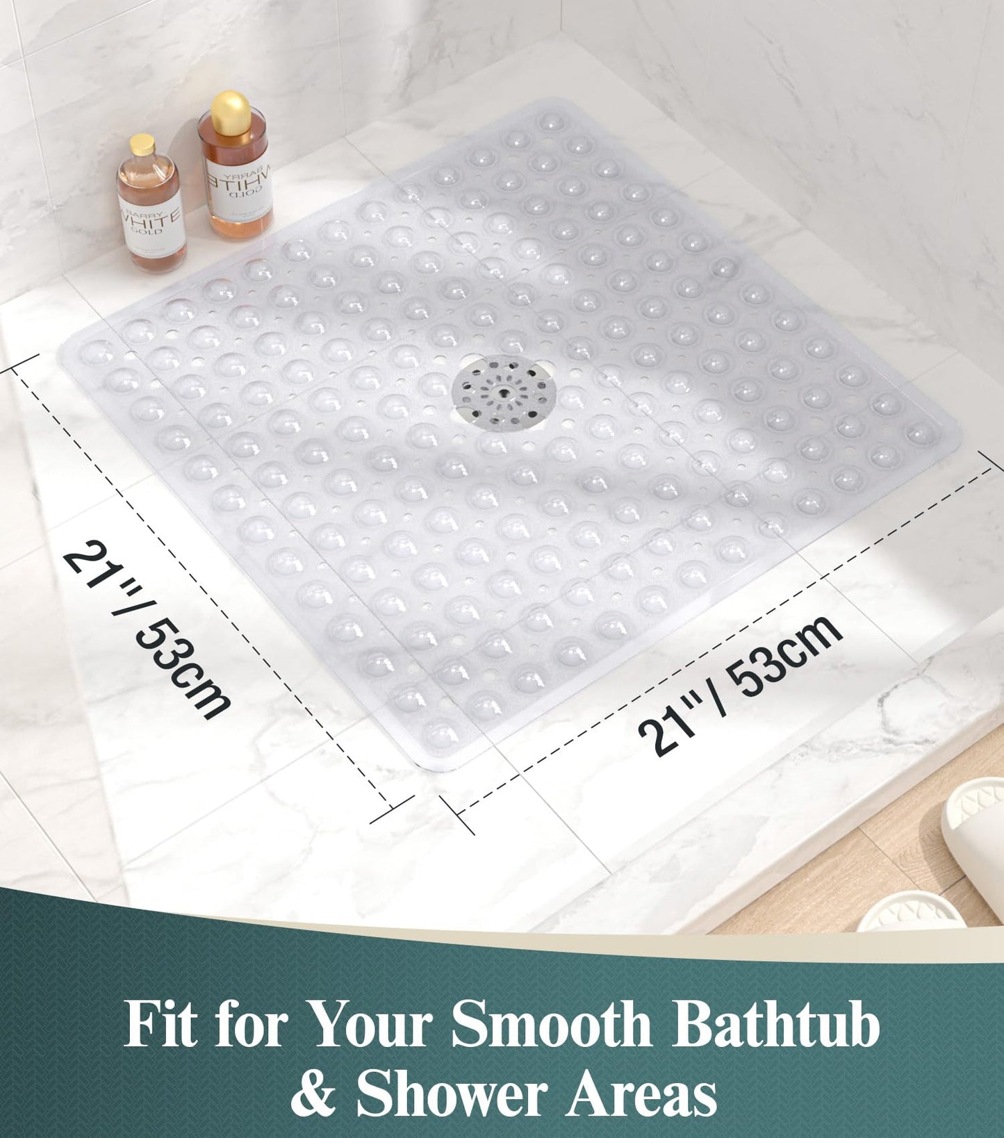 HITSLAM 21x21 Inch Square Shower Mat Non Slip, Anti Slip Bathtub Mat with Strong Suction Cups & Drainage Holes, Machine Washable Bathroom Floor Mat for Inside Shower Stall and Tub, Clear