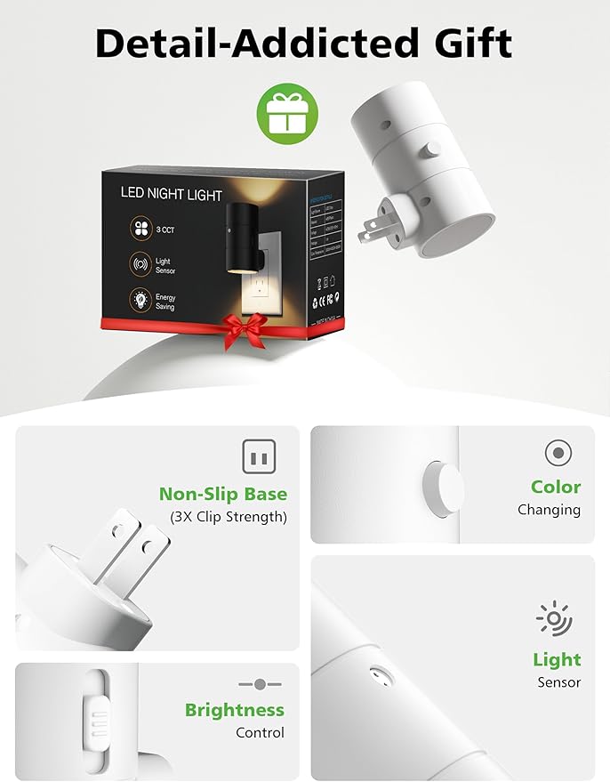 Night Lights Plug Into Wall,Dimmable LED Nightlight with Dusk to Dawn Sensor,0-100LM Adjustable Brightness,3 Color Temperatures,Night Light for Hallway Bathroom Stair Bedroom,White,4 Pack