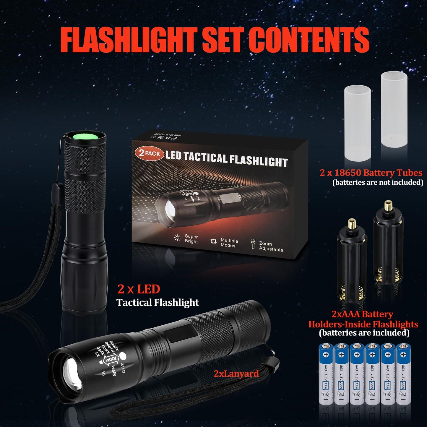 Zoomable LED Flashlights with 5 Modes 2Pack Christmas Stocking Stuffers Birthday Gifts for Men Him Dad Included Batteries Bright Tactical Torch High Lumens Outdoor Fishing Hiking Camping Essentials