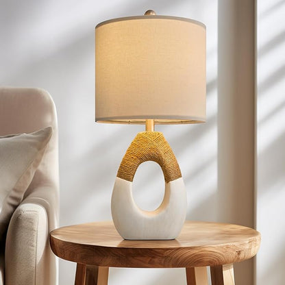 OYEARS 19” Boho Table Lamps Bedroom Living Room,Suitable for Small Space,Farmhouse Rattan Lamp Rustic Egg Design Resin Nightstand Bedside Lamps for Bedroom Living Room Office Study Rest Decor