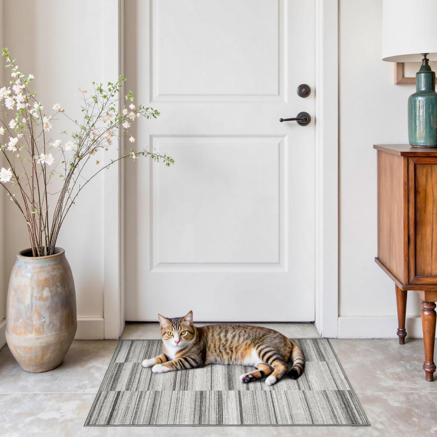 jinchan Modern Entryway Rug 2x3 Ultra-Thin Washable Rug Non Slip Grey Doormat Indoor Abstract Small Geometric Striped Lightweight Throw Carpet for Bedroom Bathroom Kitchen, Gray