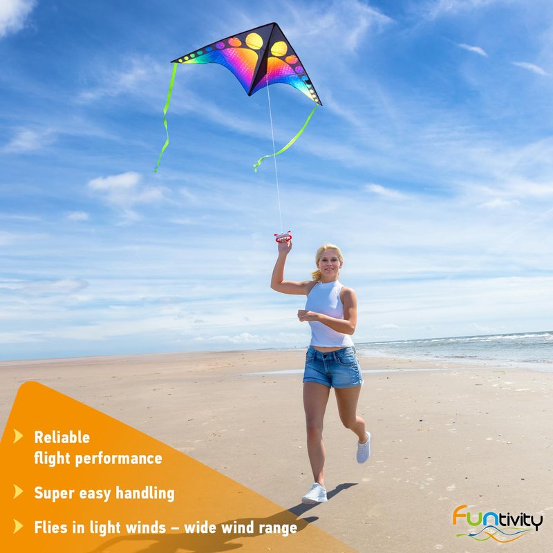 Funtivity Children's Kite Simple Flyer Rainbow Fountain - Ready-to-Fly Single Line with Rainbow Tail - Includes Handle & Cord - Kite from 5 Years - Lightweight Flight Kite for Garden, Park & Beach