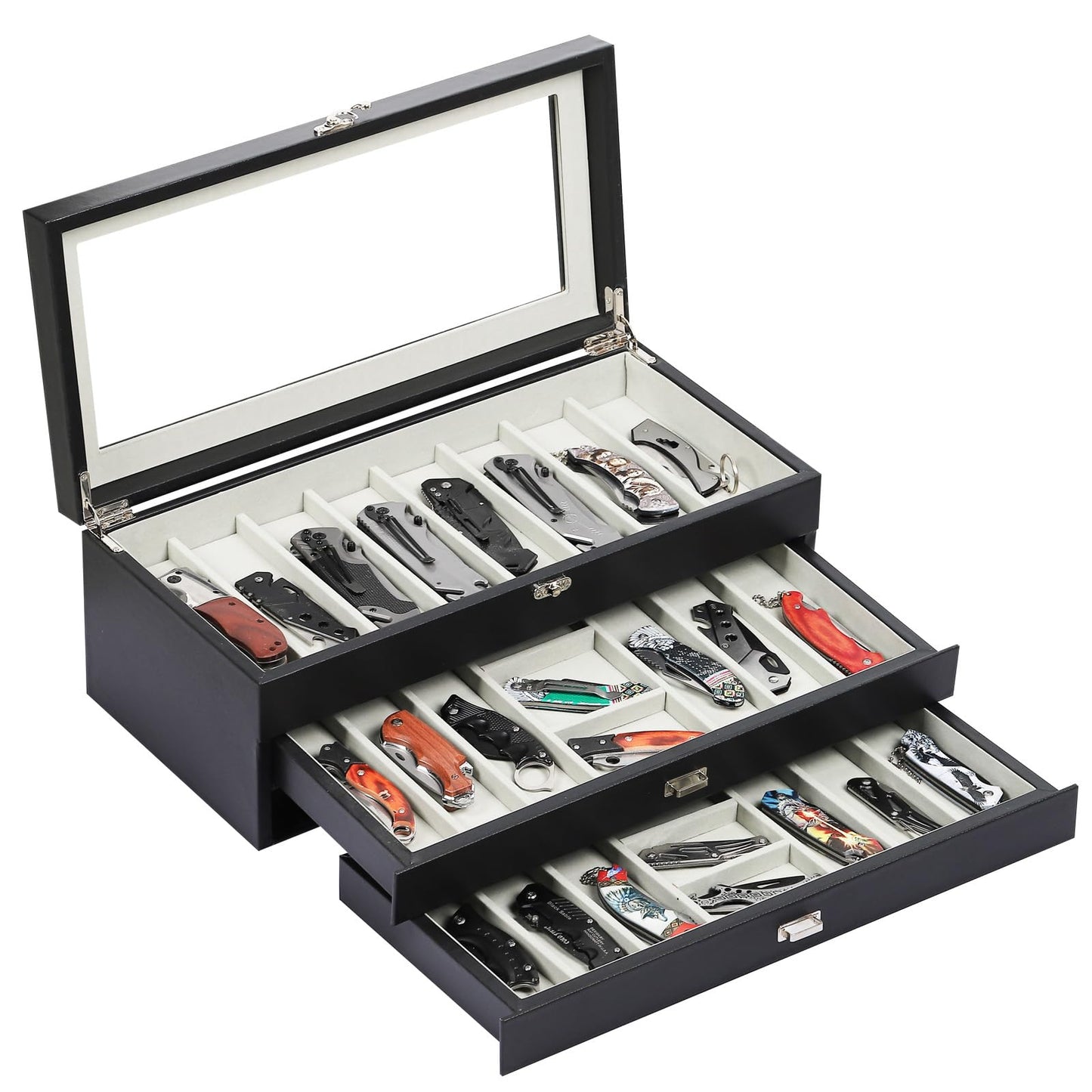 AUTOARK 3-Tier PU Leather & Velvet Knife Organizer with 26 Slots,Transparent Glass Top & Drawer,Compact Storage for Pocket Knives,Ideal for Men's Collections & Gifts,Black,MKAW016
