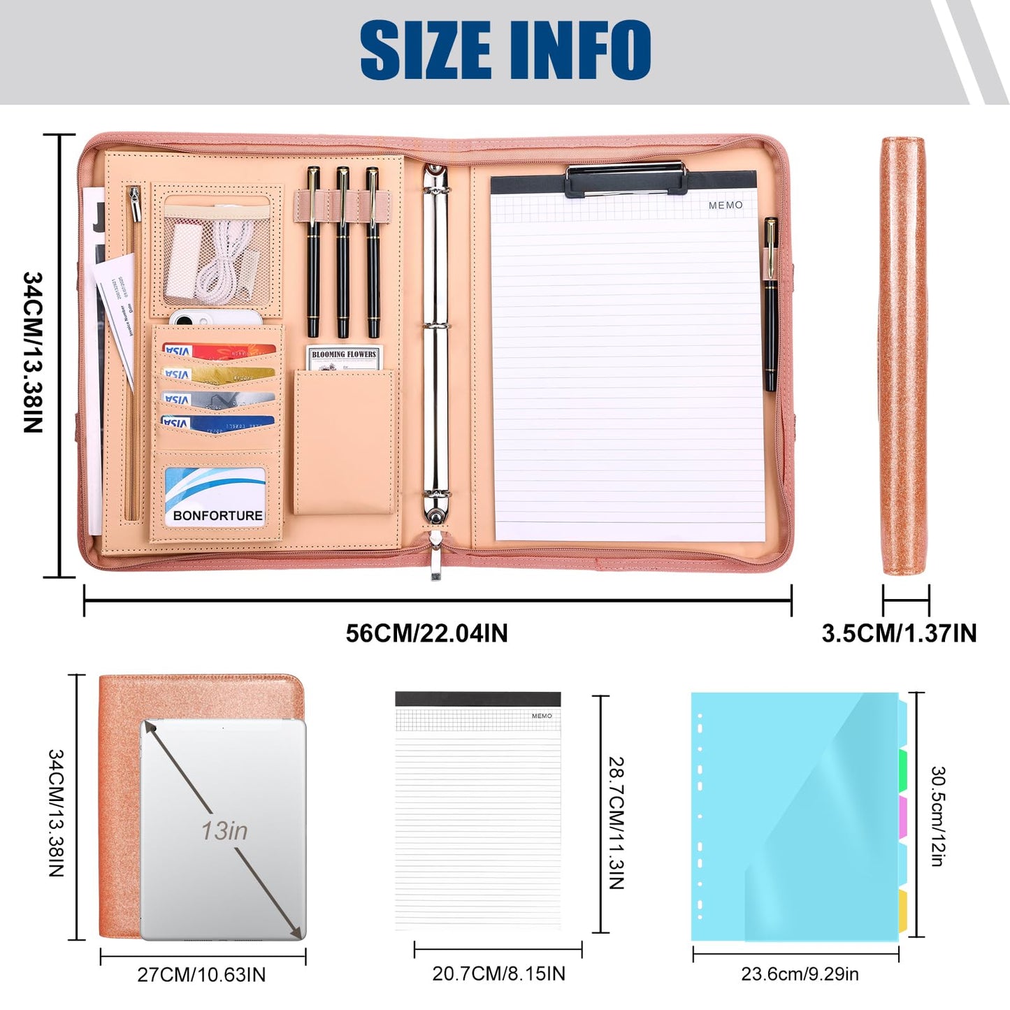 NATISERAUM Padfolio Portfolio Binder with Handle, 3-Ring Folder Organizer, Vegan Leather Portfolio with Notepad Includes 5 Dividers with 10 Pockets for Documents Filesfor Documents Files and 1 Pen