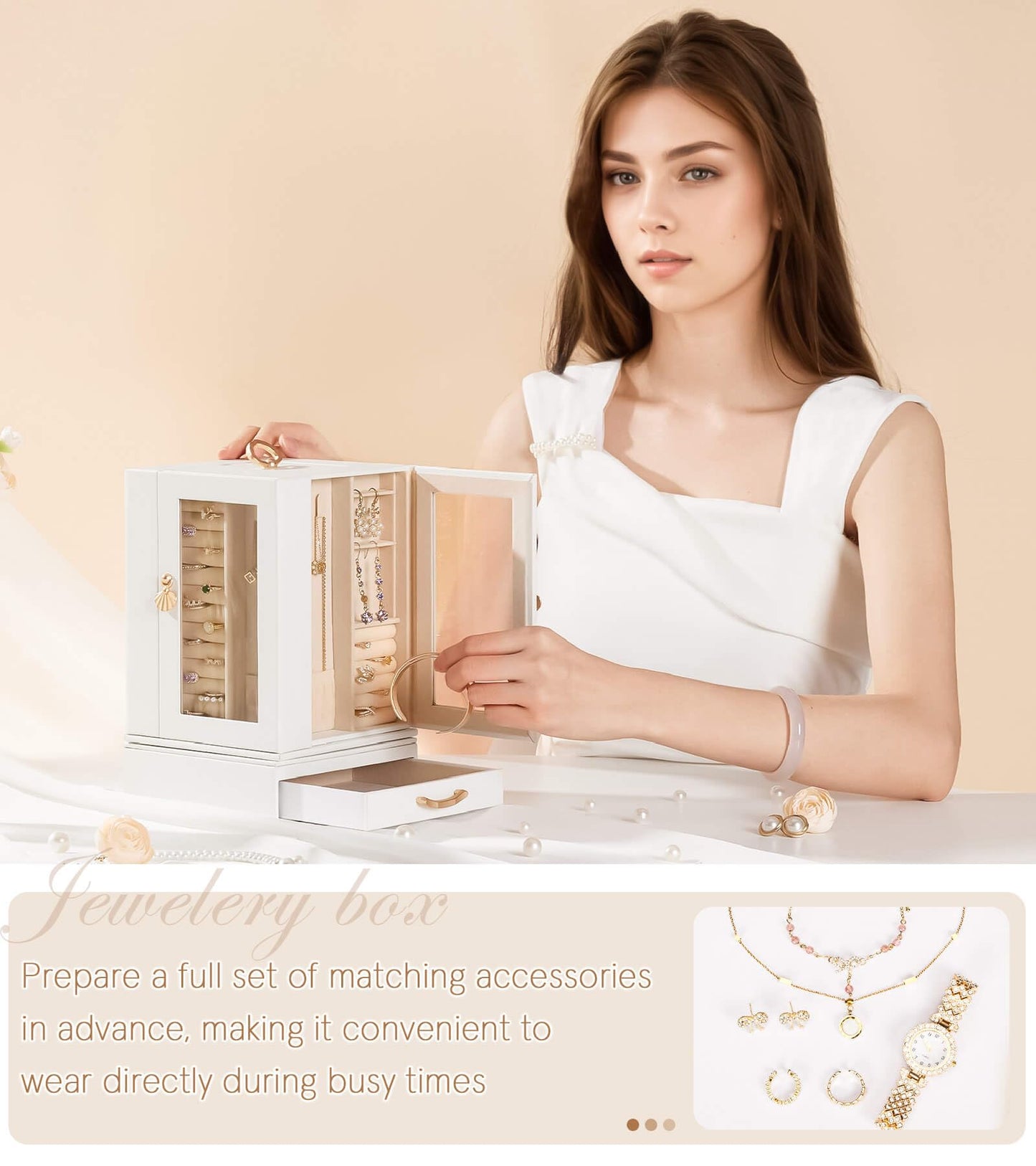 Enthralite Jewelry Box Large for Dresser: Women Necklace Ring Storage Organizer with Compartments - Elegant Earring Holder Display - 360° Rotating Jewelry Organizer with Glass Door