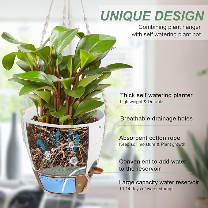 41.5 Inch Macrame Plant Hanger Indoor Outdoor with 12 Inch Flower Pot, Hanging Planter for Plants Holder with Wood Beads for Boho Home Decor (Ivory+White)