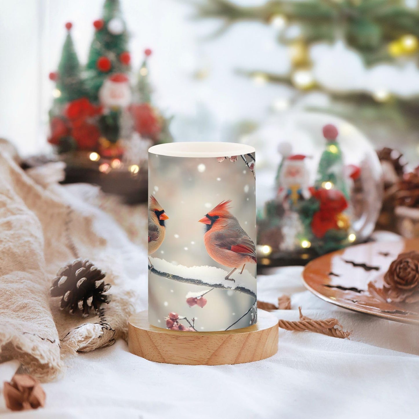 ALAZA Winter Red Birds Branch Snow Flickering Flameless Candles Battery Operated with Remote Timer,Tea Light Candles LED Pillar Votive Candles Set of 2 for Outdoor Indoor Decorations