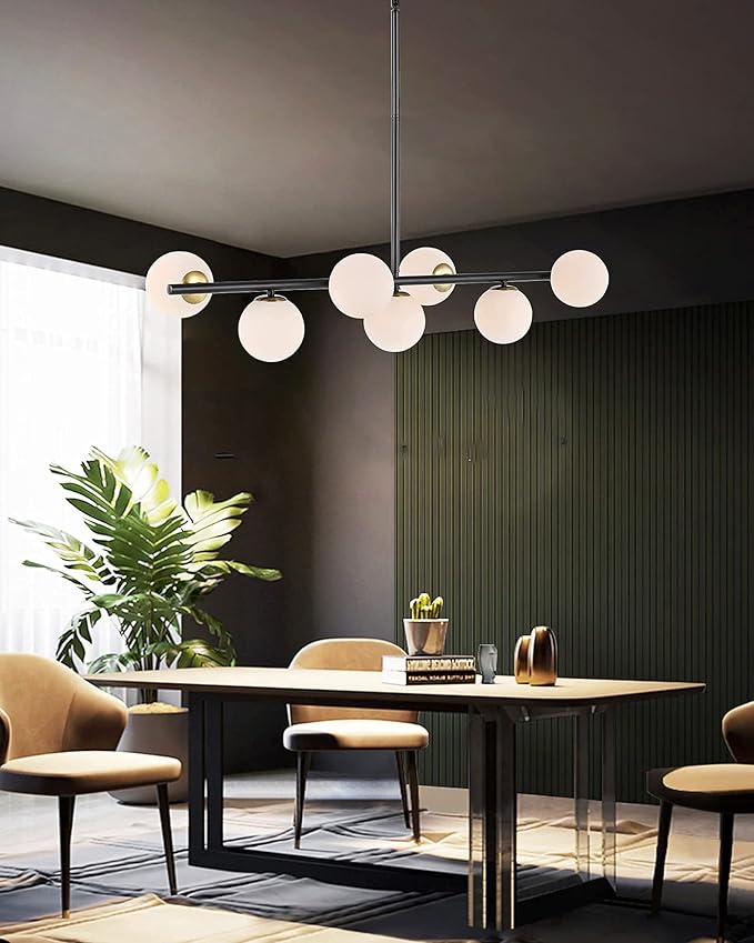 7 Lights Modern Sputnik Chandelier Globe White Glass Shade Linear Mid Century Farmhouse Pendant Light Fixture for Dining Kitchen Island Bedroom Lighting (Gold/Black)