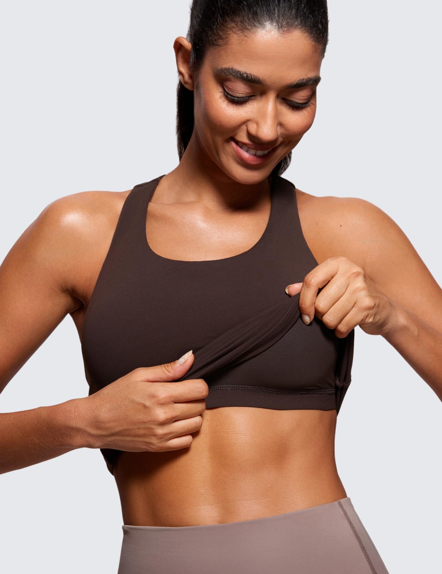 CRZ YOGA Butterluxe Workout Racerback Tank Tops for Women - Padded Athletic Spandex Yoga Shirts with Built in Bra Hot Fudge Brown Medium
