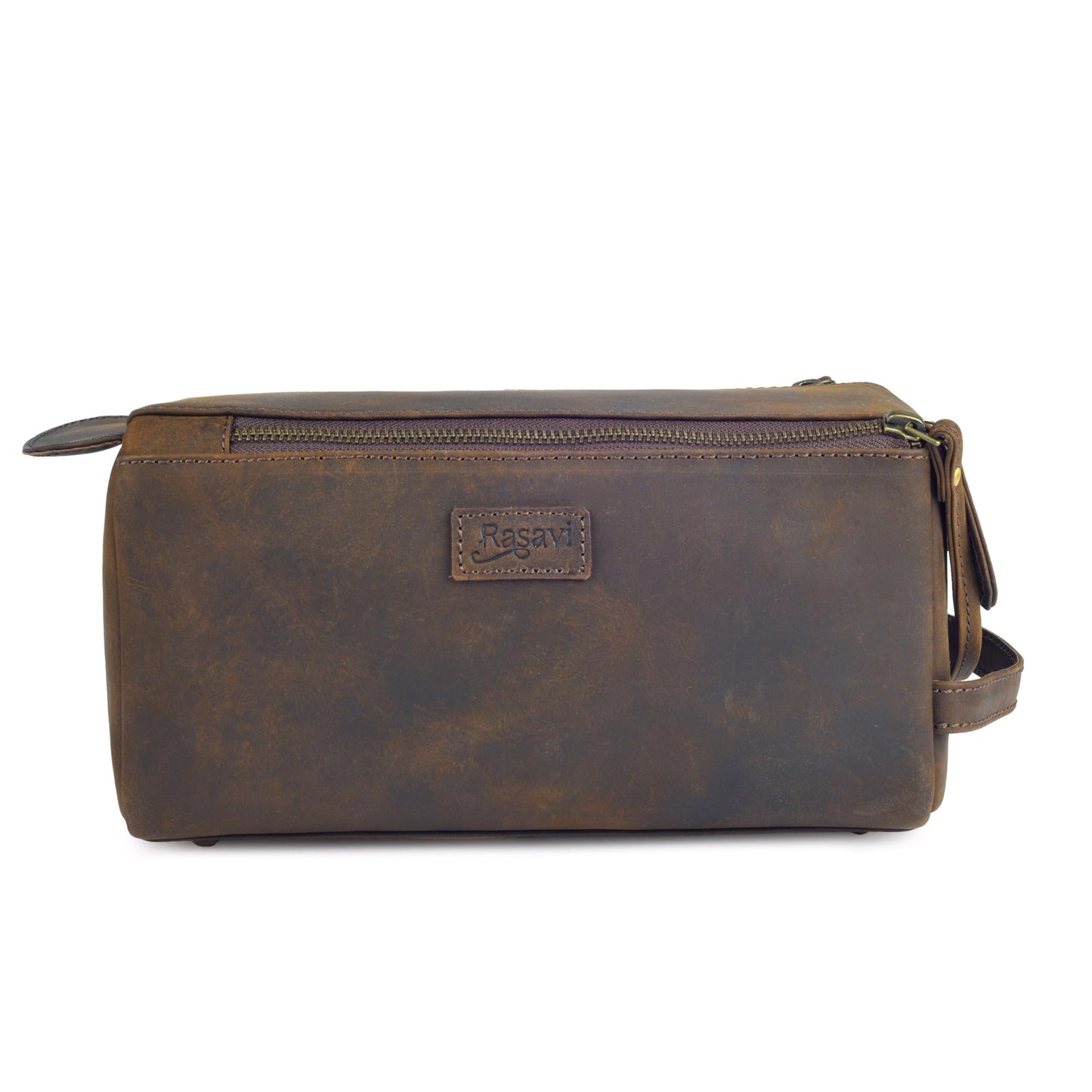 Rasavi Genuine Leather Travel Toiletry Bag for Men & Women, Handcrafted Vintage Dopp Kit, Water-Resistant Shaving & Bathroom Essentials Organizer - Rustic Brown