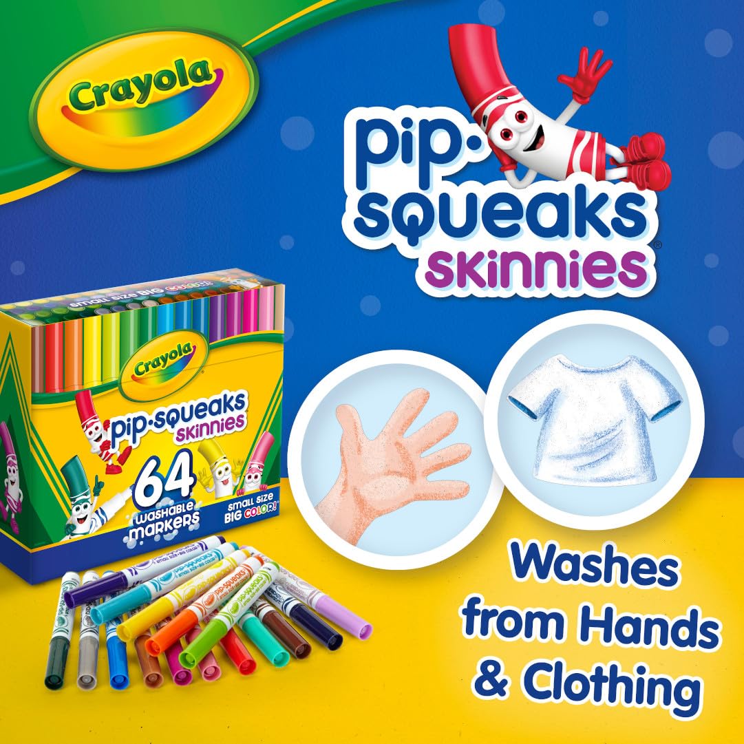 Crayola Pip-Squeaks Skinnies Washable Markers (64ct), Mini Markers for Kids, Coloring Markers, Craft Supplies, Kids Holiday Gift, 3+