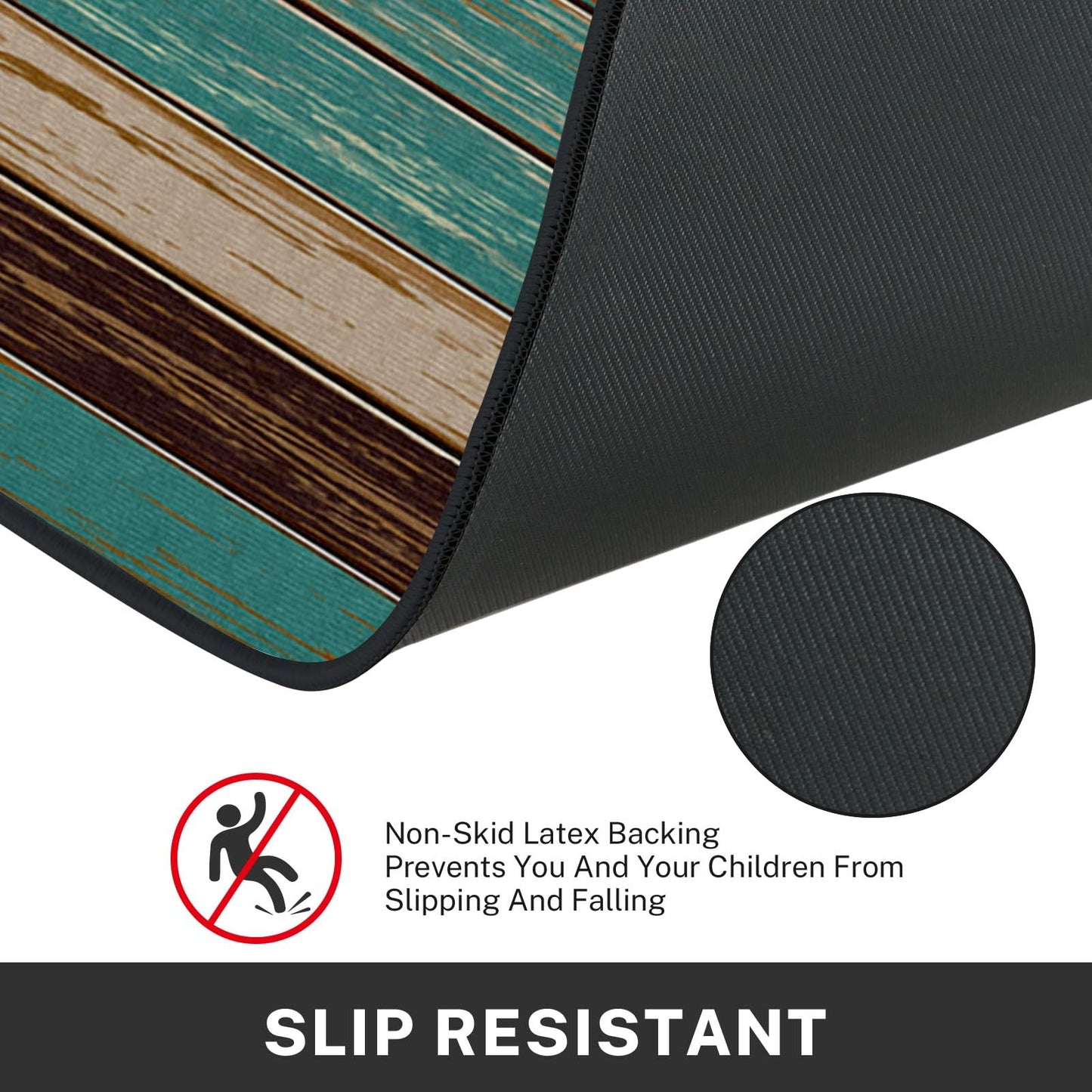 Tayney Rustic Kitchen Rugs and Mats Non Skid Washable Set of 2, Teal Country Wood Board Mats for Floor, Turquoise Brown Stripes Runner Rug Wooden Plank Texture Kitchen Decor