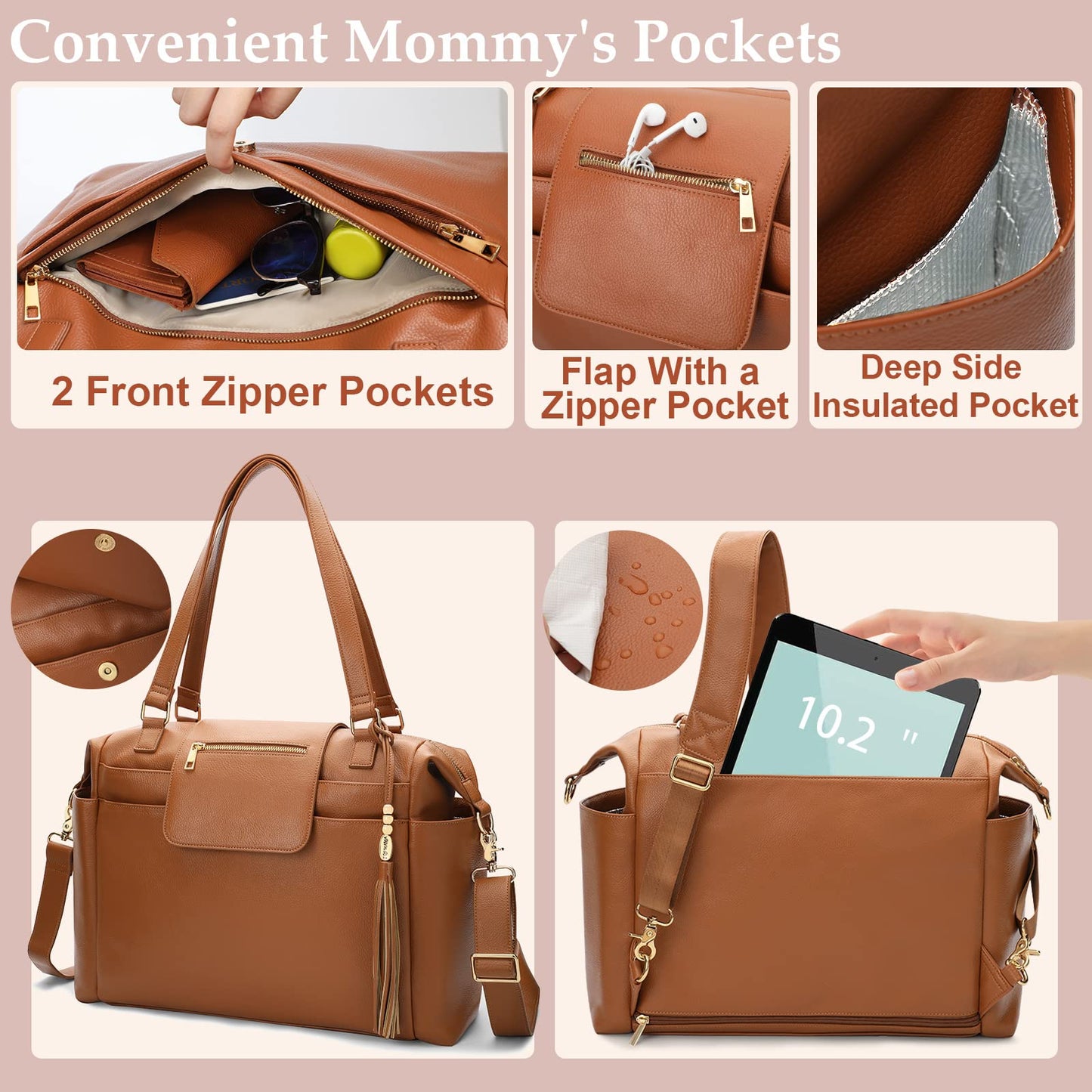 Omanmoli Diaper Bag Tote Leather Diaper Bag Backpack Large Baby Bag 14 Diaper Organizing Pouches,Changing Pad,Crossbody Strap,4 Insulated Pockets,Brown