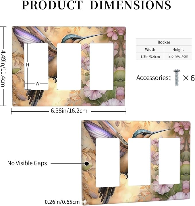Decorative Art Light Switch Covers Blossom & Hummingbird 3 Gang Triple Rocker Outlet Switch plate GFCI Faceplate GFCI for Home Decor