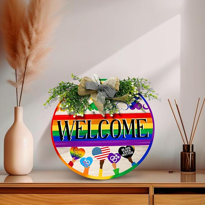 Gay Pride Progress Pride Rainbow Door Sign Welcome LGBTQ Love Heart Round Wood Sign with Bow Wreath Lesbian Parade Day Pansexual Bisexual Transgender Hang Sign for Front Door Diversity 12 In