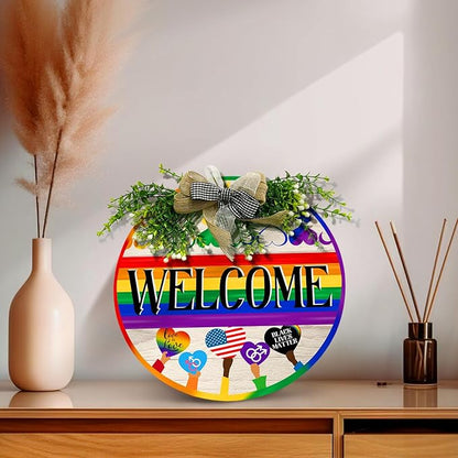 Gay Pride Progress Pride Rainbow Door Sign Welcome LGBTQ Love Heart Round Wood Sign with Bow Wreath Lesbian Parade Day Pansexual Bisexual Transgender Hang Sign for Front Door Diversity 12 In