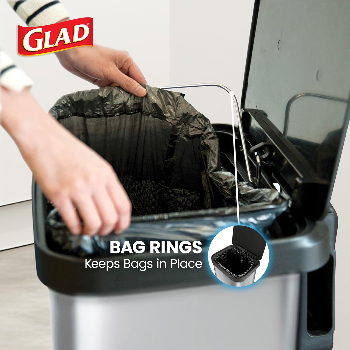 Glad Stainless Steel Step Trash Can with Clorox Odor Protection | Large Metal Kitchen Garbage Bin with Soft Close Lid, Foot Pedal and Waste Bag Roll Holder, 20 Gallon, Stainless