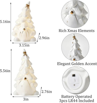 Lighted Christmas Gnome Decoration, 2Pcs White Gnomes Ceramic Christmas Tree with Gold Trims, Small Light Up Gnome Figurines for Prelit Xmas Holiday Table Fireplace Decor