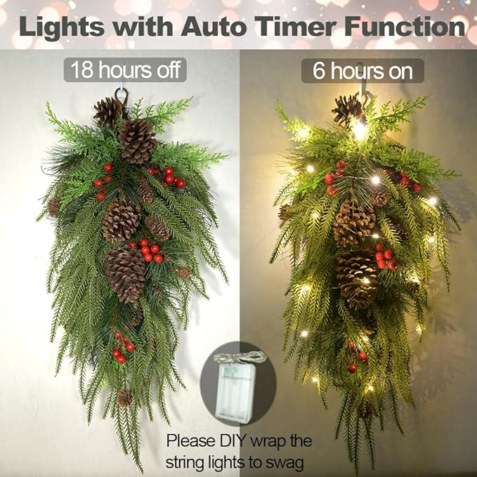 2025 Upgraded 27.6inch Prelit Christmas Teardrop Swag Norfolk Pine Swags Christmas Wreaths with Lights Greenery Stairway Swags Staircase Decorations for Door Indoor Outdoor Home Hanging Decor