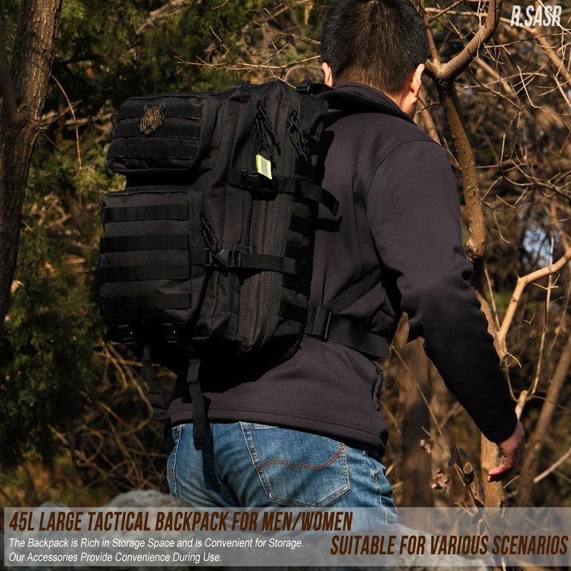 R.SASR 45L Black Tactical Backpack Military Assault Pack, MOLLE System Large 3 Day Bug Out Bag for Men Women Hiking Camping(Black-01)
