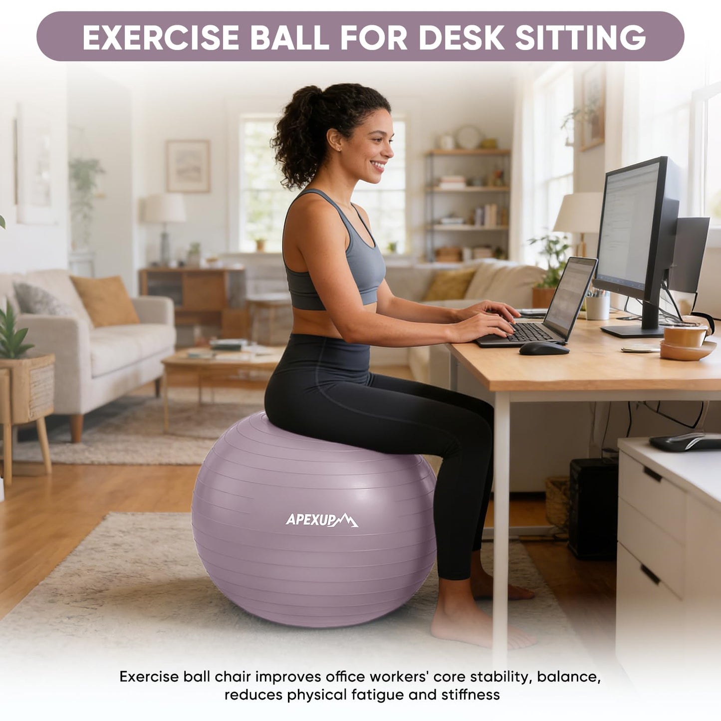 APEXUP Yoga Ball, 660 lbs Anti-Burst Exercise Ball with Pump, 5 Sizes (S (15"~18") 45cm, Mauve)