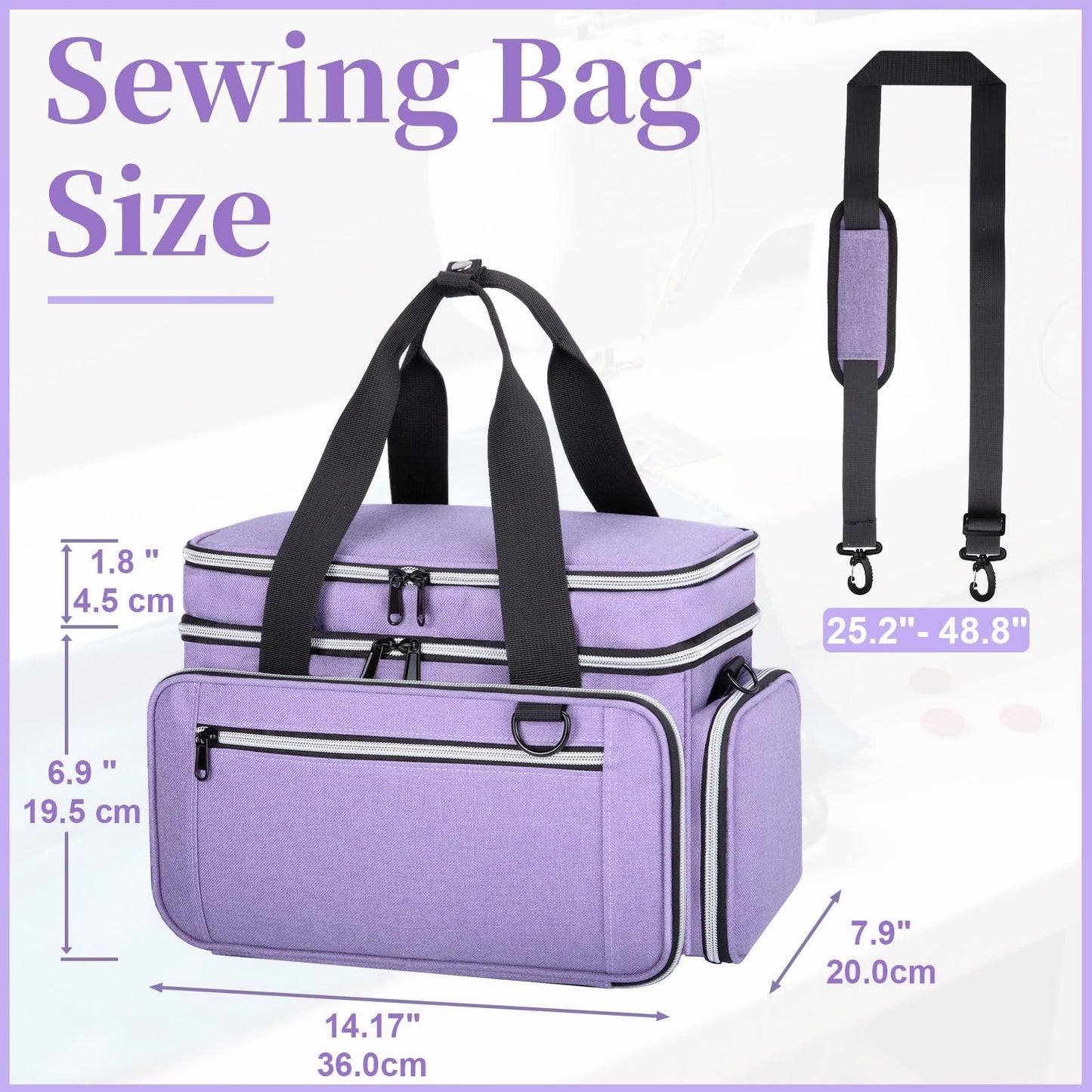 Anitor Large Sewing Supplies Organizer, Double Layer Sewing Storage Organizer with Two Detachable Dividers, Travel Sewing Bag Organizer with Shoulder Strap for Accessories, Pale Purple, (Bag Only)
