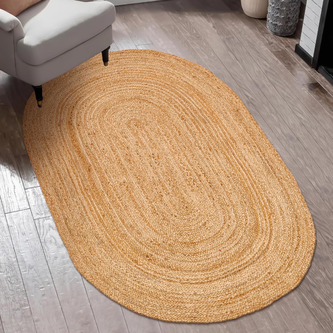 OHOMLY LIVING Handcrafted Jute Braided Rug 3x5 Feet Oval - 100% Natural Jute Area Rug - Rustic Farmhouse Boho Accent Rug for Living Room Bedroom Kitchen Entryway Reversible Handwoven Floor Rug