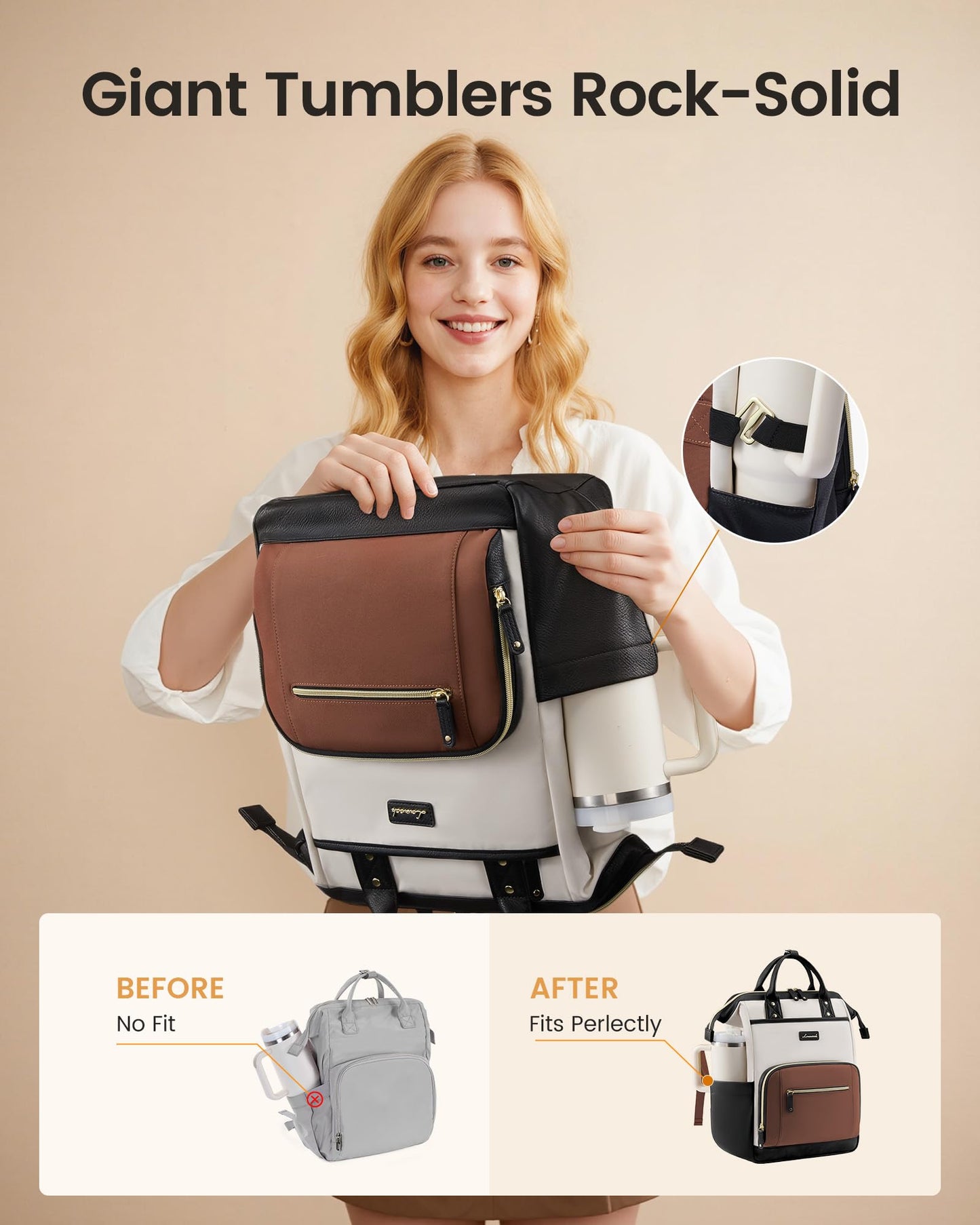 LOVEVOOK Laptop Backpack for Women with Giant Tumbler Holder,15.6 inch Professional Nurse Teacher Backpack Computer Laptop Bag,Cute Waterproof Travel Backpack Purse Work College Bag, Beige-Black-Brown