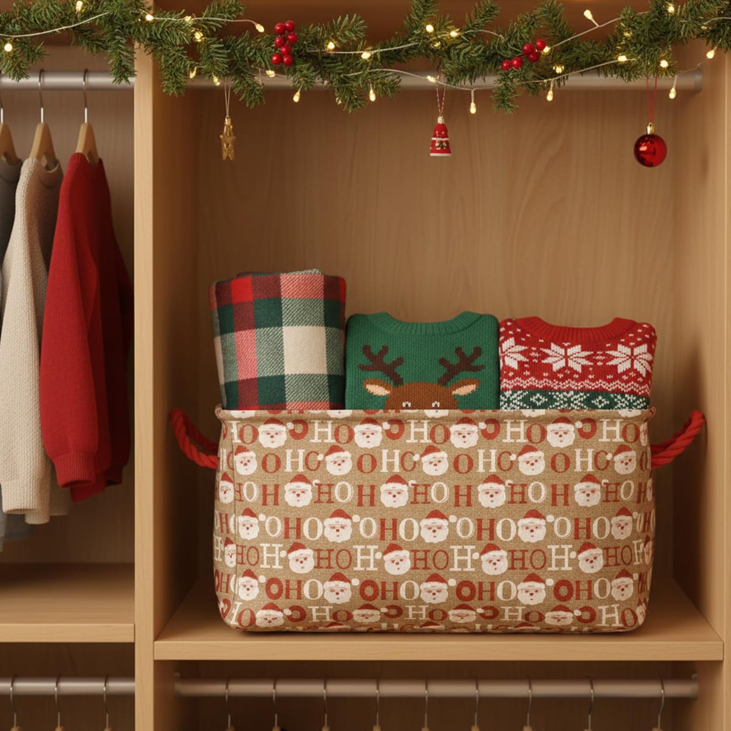 INough Christmas Baskets for Gifts Empty, Christmas Decor Collapsible Santa Storage Bins with Handles Bright and Festive Gift Storage Container for Christmas for Baby/Kids/Nursery Room