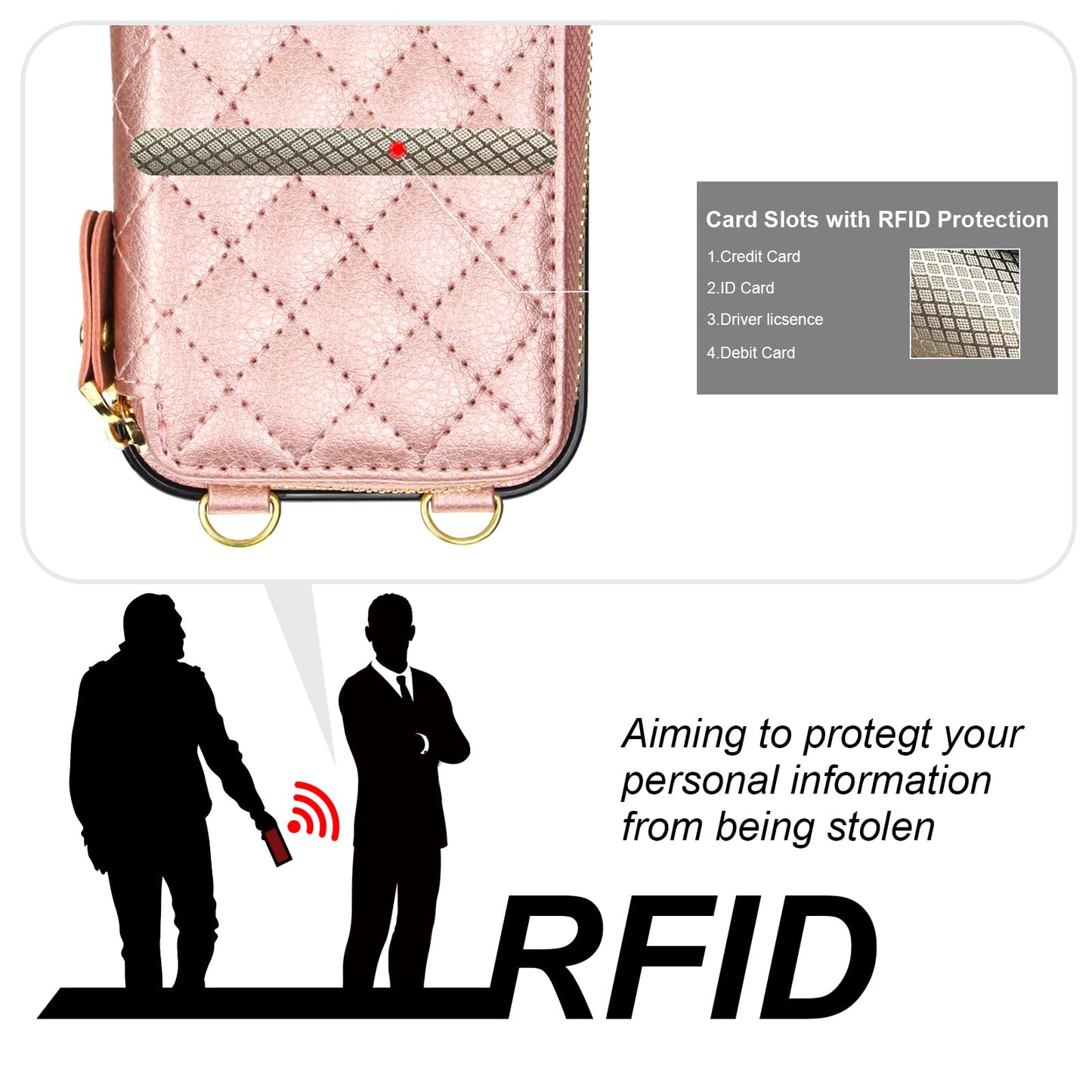 Bocasal Crossbody Wallet Case for iPhone 17, RFID Blocking PU Leather Zipper Handbag Purse Flip Cover, Kickstand Folio Case with Card Slots Holder Wrist Strap Lanyard 5G 6.3 Inch (Rose Gold)