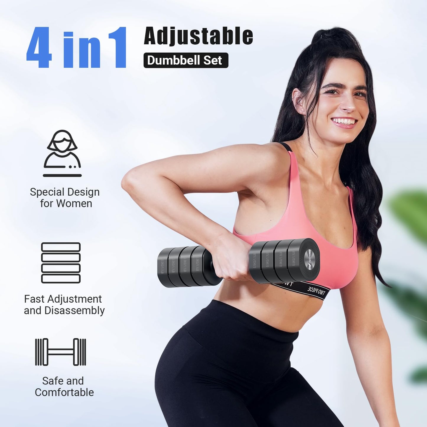 MERACH Dumbbell Set of 2, Adjustable Weight, Anti-slip Handle, Macaron Colors, Each 2.2/4.4/6.6/8.8 lbs, 4 in 1 Hand Weights for Women at Home