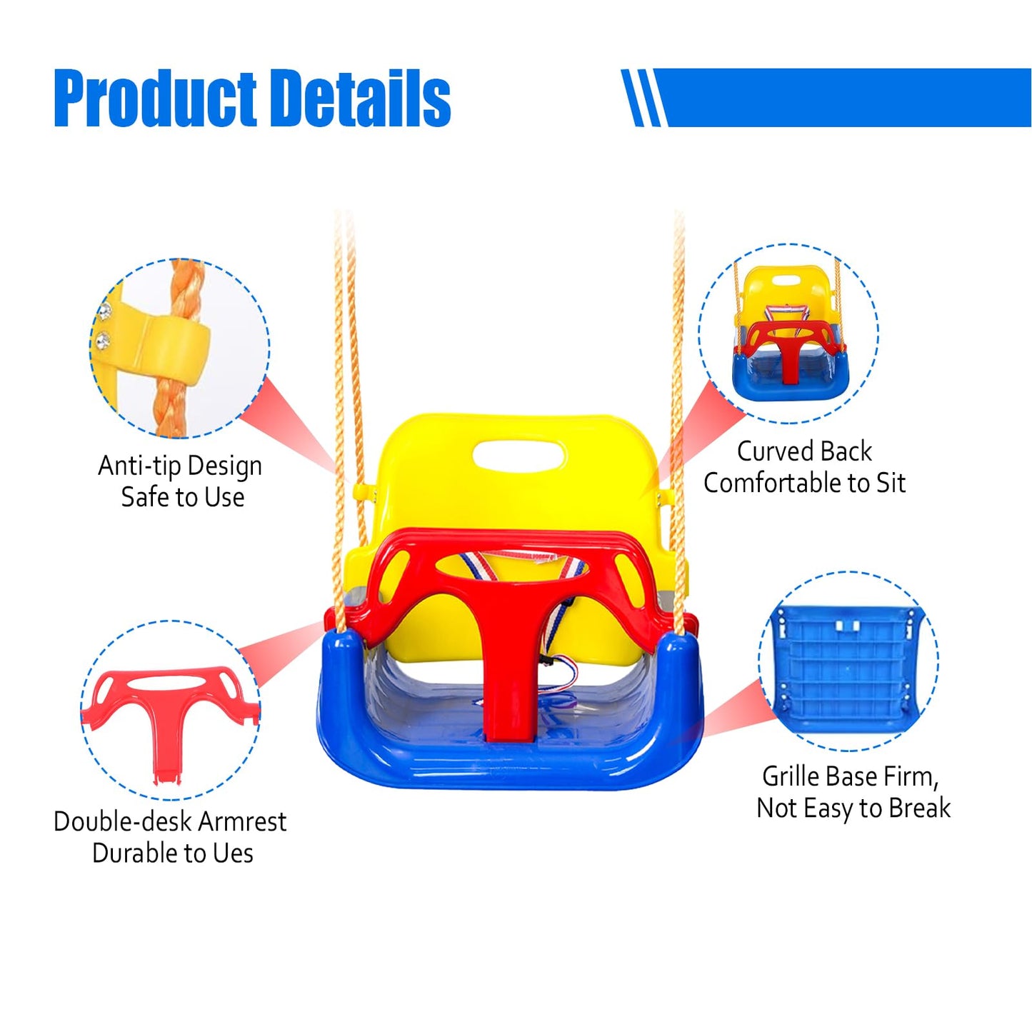IFOYO 3-in-1 Convertible Kids Swing Seat with Detachable High-Back Support, Secure Indoor Outdoor Playground Swing for Kids