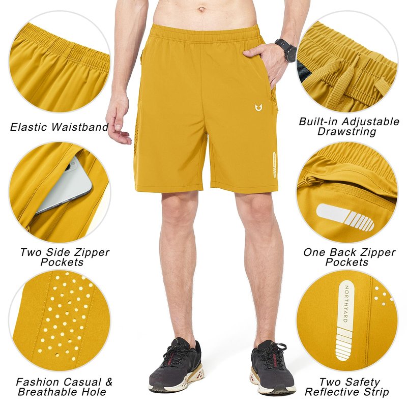 NORTHYARD Men's Athletic Running Shorts Quick Dry Workout Shorts 7"/ 5"/ 9" Lightweight Sports Gym Basketball Shorts Hiking Exercise Yellow 2XL