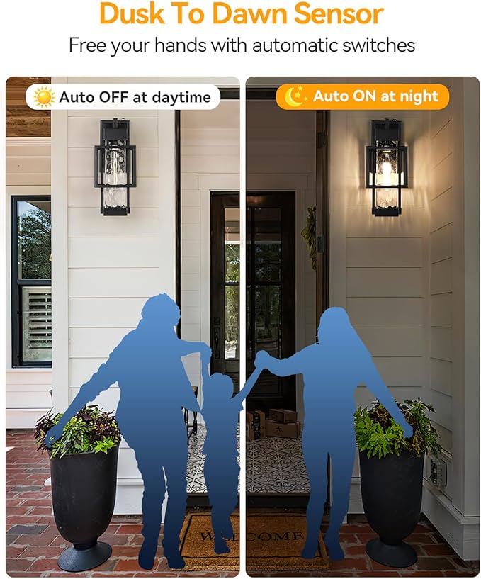 SHIMR Outdoor Wall Lights Dusk to Dawn Light Fixture with Water Glass, Modern Outdoor Sconce Lights 15" H Porch Lights with Black Finish, Waterproof Exterior Wall Light, Bulb Included