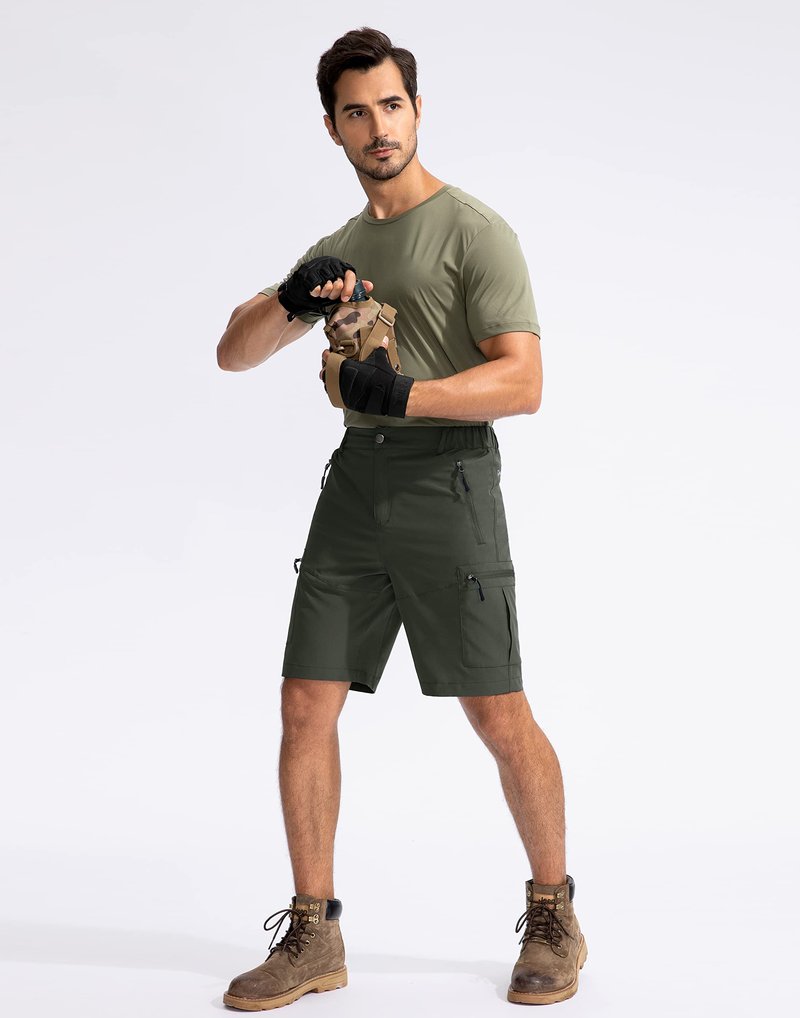 Pudolla Men's Hiking Cargo Shorts 9" Lightweight Outdoor Work Shorts for Men Travel Golf Camping Casual with 5 Zipper Pockets(Army Green Medium)
