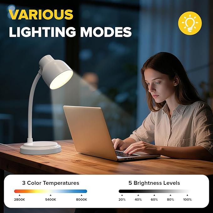 LED Desk Lamp for Office Home,Table lamp,Desk Lamp for College Dorm Room,4 Brightness,Dimmable Table Lamp Eye Caring Reading Light(White)