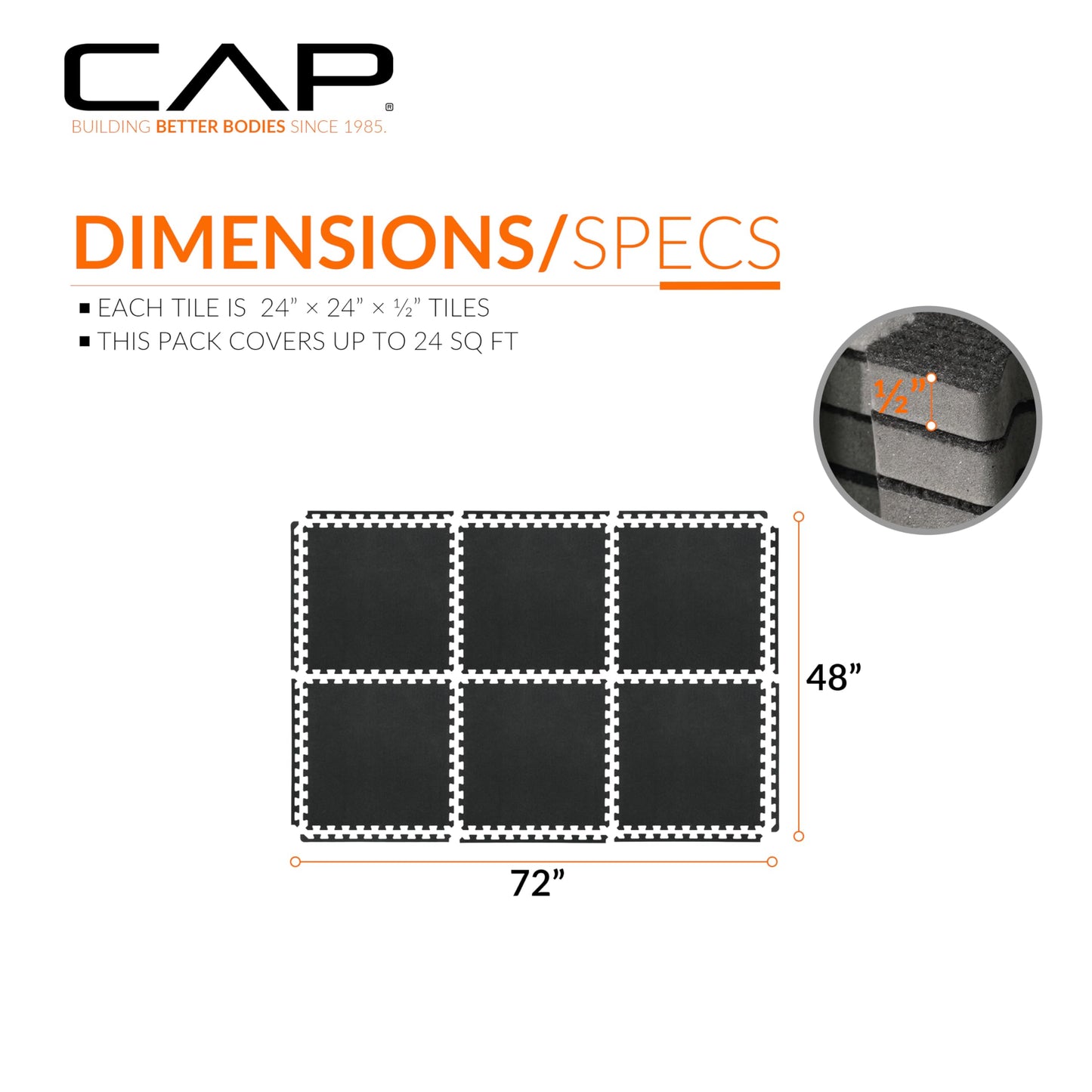 CAP Barbell 1/2-Inch Interlocking EVA Foam Exercise Puzzle Mat Home Flooring - 1 Pack | 24" x 24" x 1/2" | Carpet Top - Black