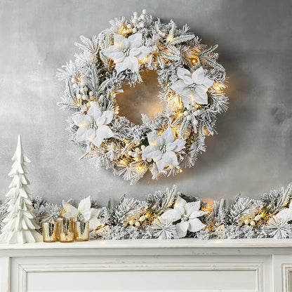 Glitzhome 24" D Pre-Lit Snow Flocked Greenery Pine Poinsettia Christmas Wreath, with 50 Warm White Lights with Timer