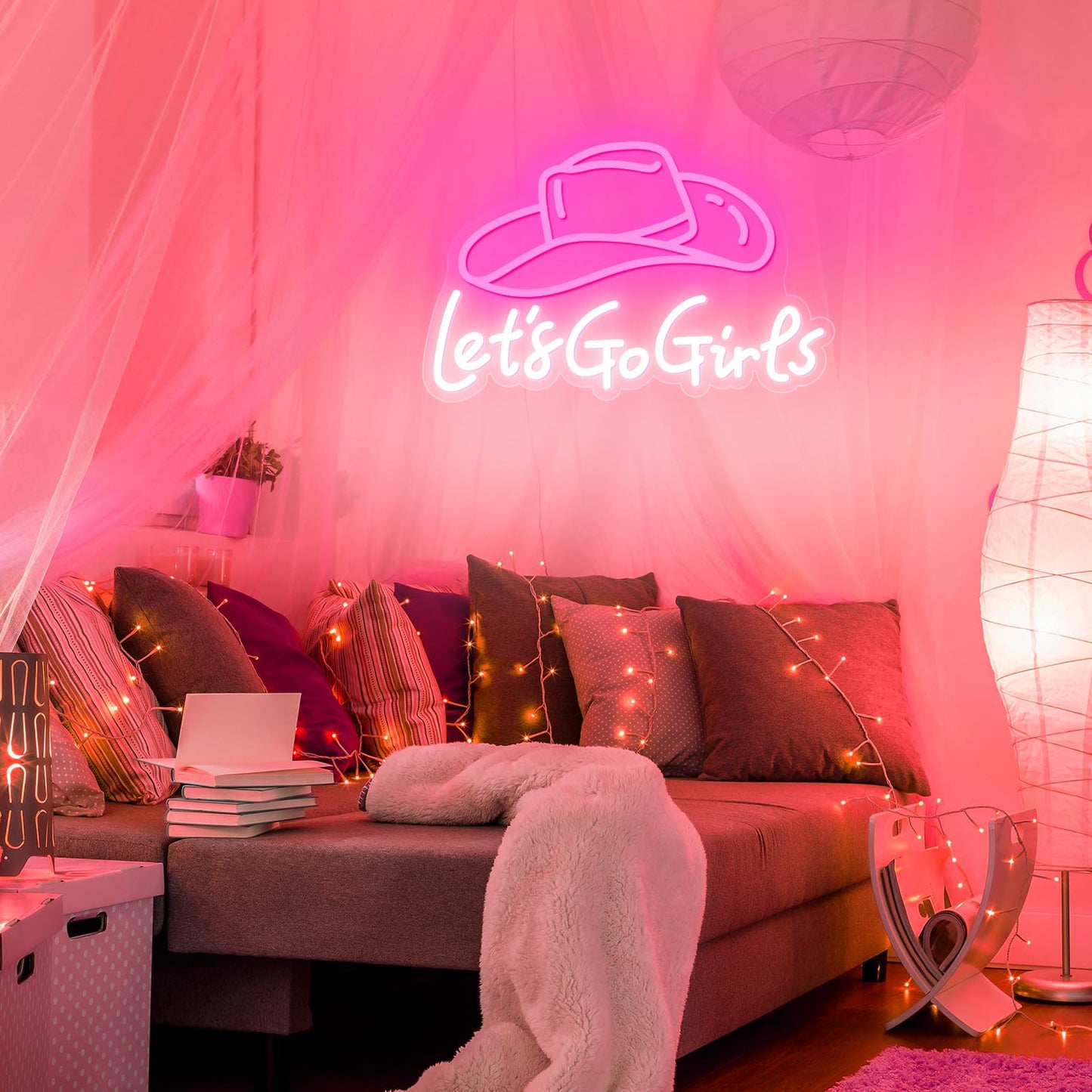 Let's Go Girls Neon Sign, Pink Cowgirl Hat Led Light Up Sign Dimmable USB Powered Country Retro Western Art Wall Letter Sign for Cowboy Bar Bedroom Man Cave Wedding Christmas Birthday Party Decor