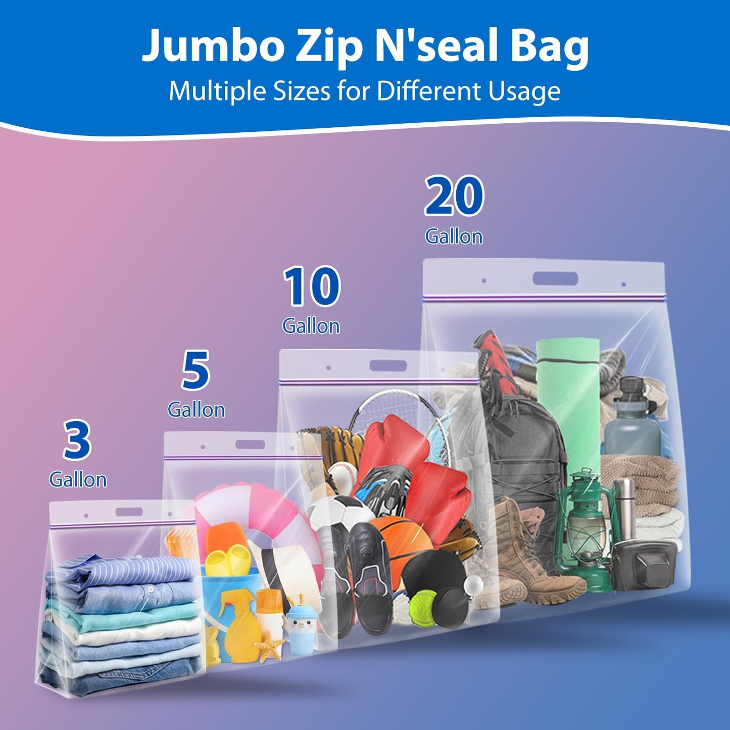 Xsourcer 5 Gallon Zipper Bags with Handle and Bottom, Pack of 12, Heavy Duty Clear Handy Plastic Storage Bag, 18"x24" Reusable Large Zip Storage Bag for Sports, Travel, Moving and Clothes, 3-Mil Thick