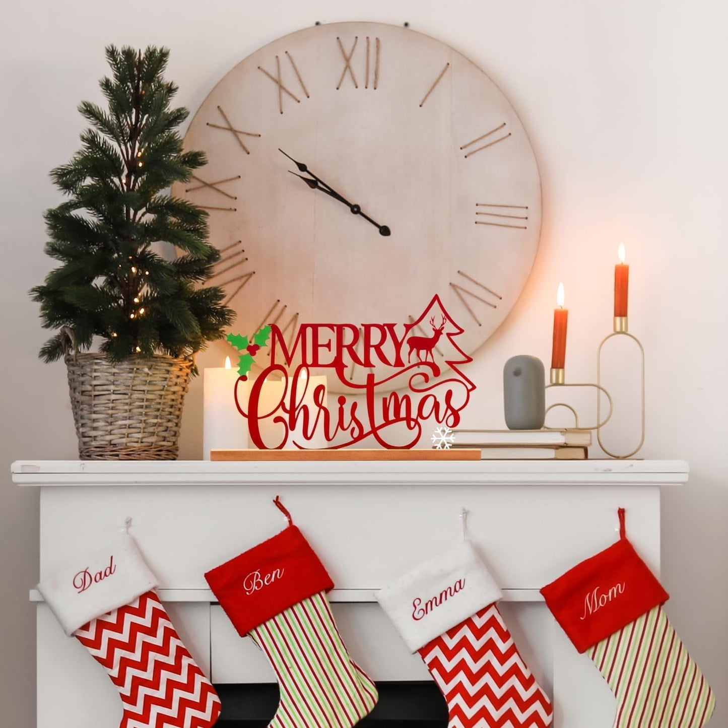 Metal Merry Christmas Table Sign Xmas Tabletop Centerpiece with Wooden Base Freestanding Rustic Tiered Tray Decor for Home Mantel Shelf Fireplace Decoration (Red)