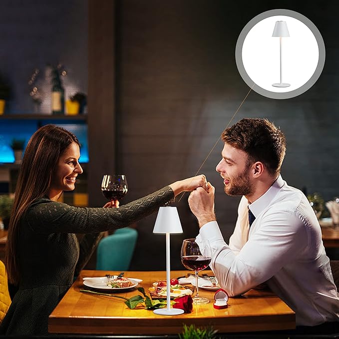 2 Pack LED CordlessTable Lamp,4000mAh Rechargeable Battery Desk lamp,3 Level Brightness Portable Light, Minimalist Design, for Couple Dinner/Coffee Table/Restaurant/Bedroom(White 2pack)