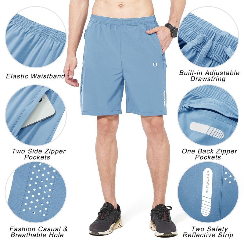 NORTHYARD Men's Athletic Running Shorts Gym Workout 7"/9"/5" Quick Dry Lightweight Sports Basketball Tennis 3 Zipper Pockets SkyBlue L