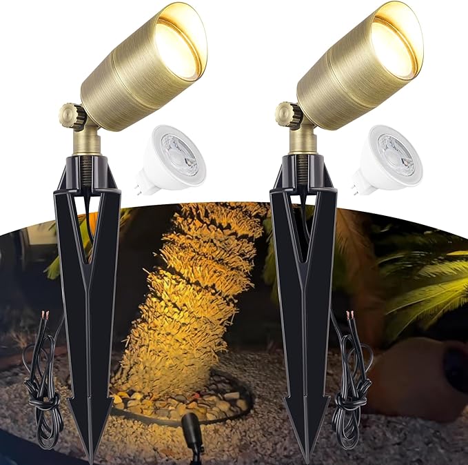 Low Voltage Brass Landscape Lights, Solid Outdoor Spotlights with Replaceable MR16 LED Bulb 5W, 2700K Warm White, 12V 24V Landscape Lighting, Waterproof Design for Garden, Yard, Patio