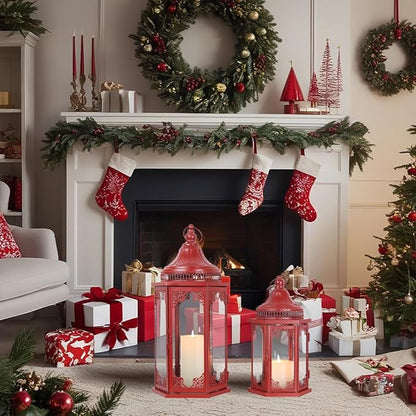 NEEDOMO Christmas Decorations Set of 2, 22''/15'' Christmas Lantern with Glass Panels for Home Decor, Decorative Hanging Lantern Indoor Outdoor for Xmas Table Centerpieces, Porch, Patio(Red)